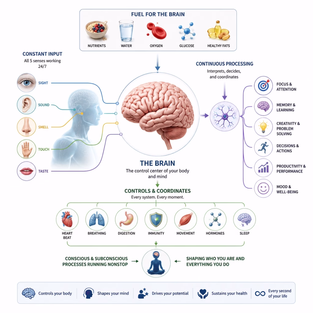 Brain fuel infographic explaining how eating for brain health supports continuous brain activity, cognitive performance, creativity, and the body's vital functions through essential nutrients.