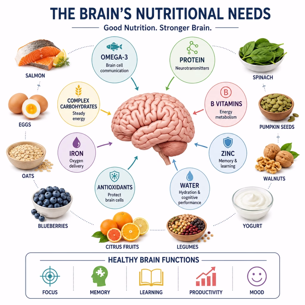 Infographic showing the essential nutrients and foods for brain health, including omega-3, protein, B vitamins, iron, zinc, antioxidants, and hydration that support focus, memory, and cognitive function.