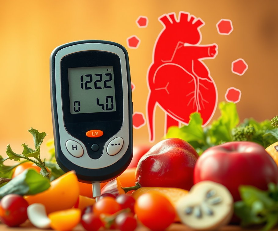 A glucose meter displaying readings alongside fresh vegetables and a heart illustration.