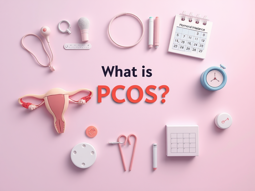 Illustration showing PCOS-related elements like ovaries with cysts, hormonal imbalance scale, irregular calendar, acne, and fatigue icons on a soft pastel background with the title "What is PCOS?" Illustration showing PCOS-related elements like ovaries with cysts, hormonal imbalance scale, irregular calendar, acne, and fatigue icons on a soft pastel background with the title "What is PCOS?"