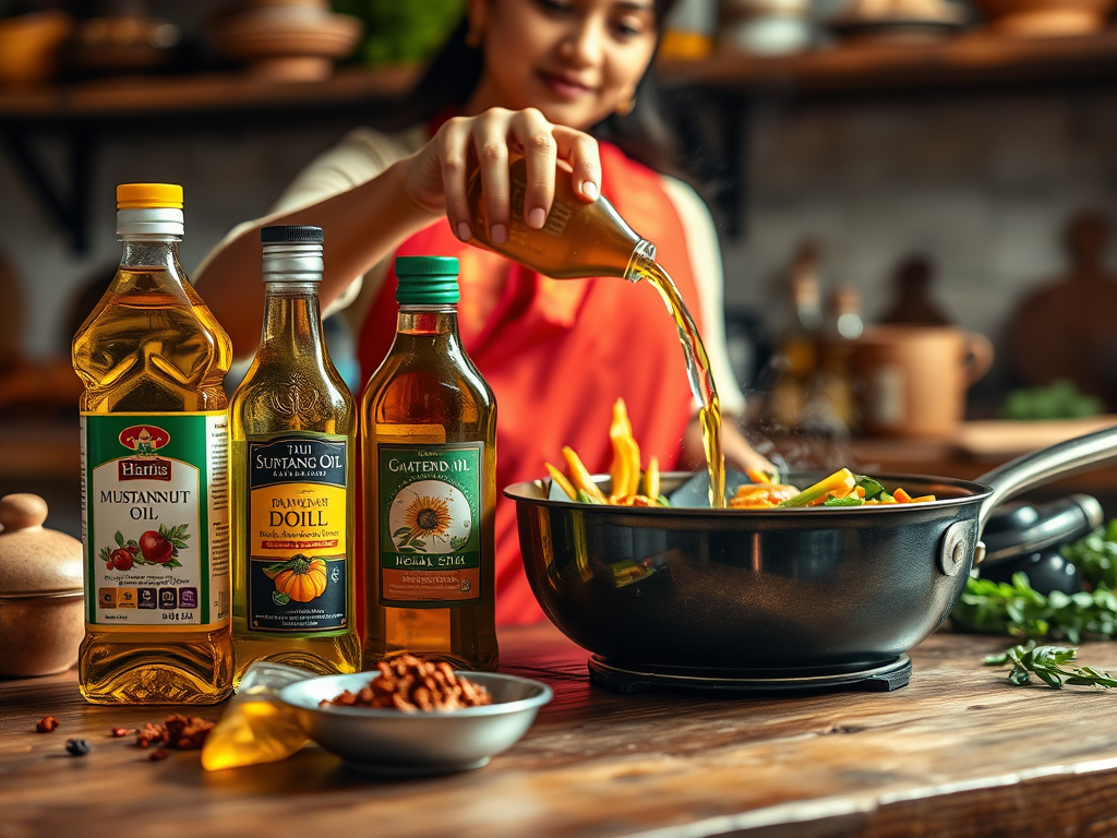 A vibrant Indian kitchen scene, showcasing an array of cooking oils including mustard oil, groundnut oil, sunflower oil, and olive oil artistically displayed on a wooden countertop. Highlighting a woman expertly pouring one of the oils into a pan with fresh vegetables sizzling nearby.