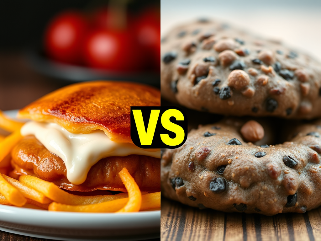 Image of saturated food, cheese filled burger on left and unsaturated food which is cookies on right. With a Vs sign in between showing the comparison between the two.
