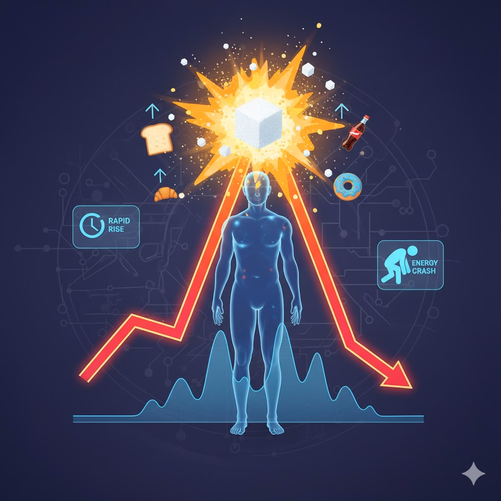 An illustration depicting the effects of high GI/GL foods on the human body, showing a rapid rise in energy levels followed by a crash, represented with visual elements like sugar cubes, bread, and energy levels.