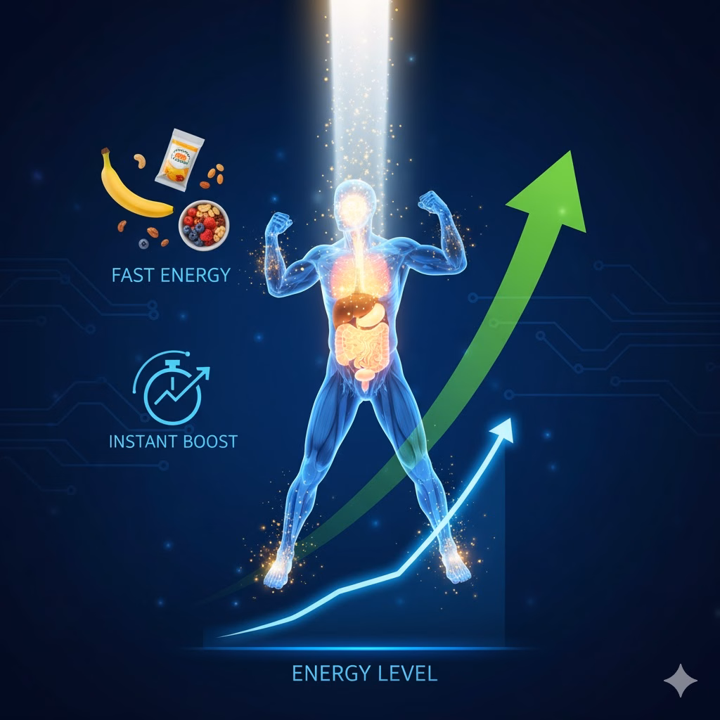 Illustration of a glowing human figure symbolizing energy, with food items like bananas and nuts around it, indicating fast energy and an instant boost to energy levels.