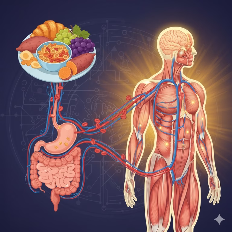 An anatomical illustration depicting the human body with a focus on the circulatory system, digestive organs, and various foods including fruits and grains on a plate, symbolizing nutrition and its impact on health.