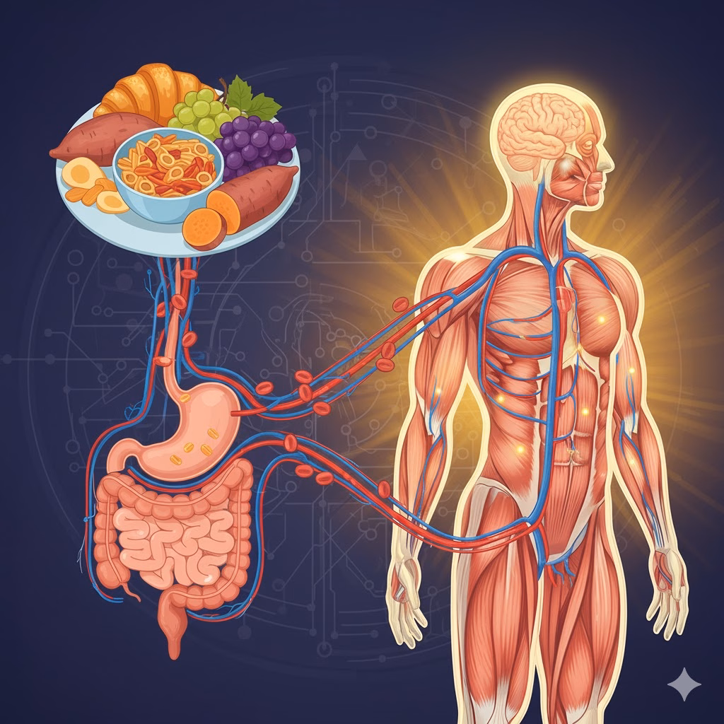 An anatomical illustration depicting the human body with a focus on the circulatory system, digestive organs, and various foods including fruits and grains on a plate, symbolizing nutrition and its impact on health.