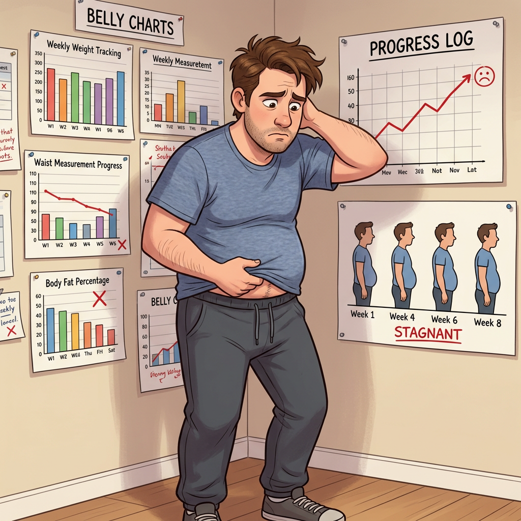 Man with concerned expression examining weight and body measurement charts on wall