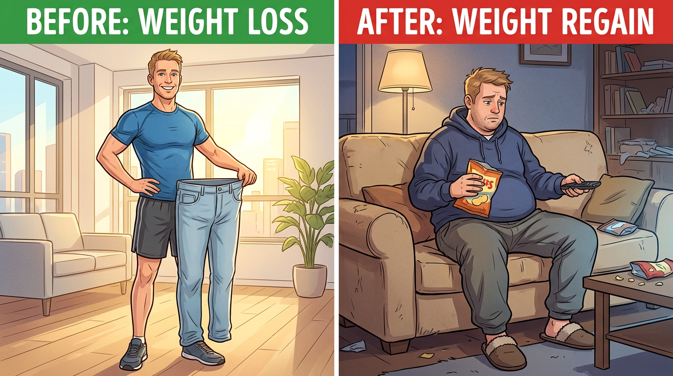 Side-by-side comparison of a fit man holding loose pants and a heavier man sitting on a couch eating chips
