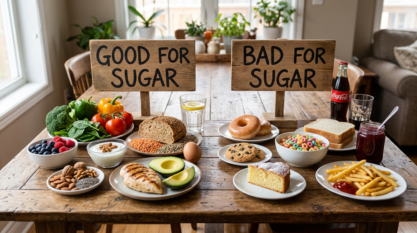 Various foods grouped with signs saying good for sugar and bad for sugar
