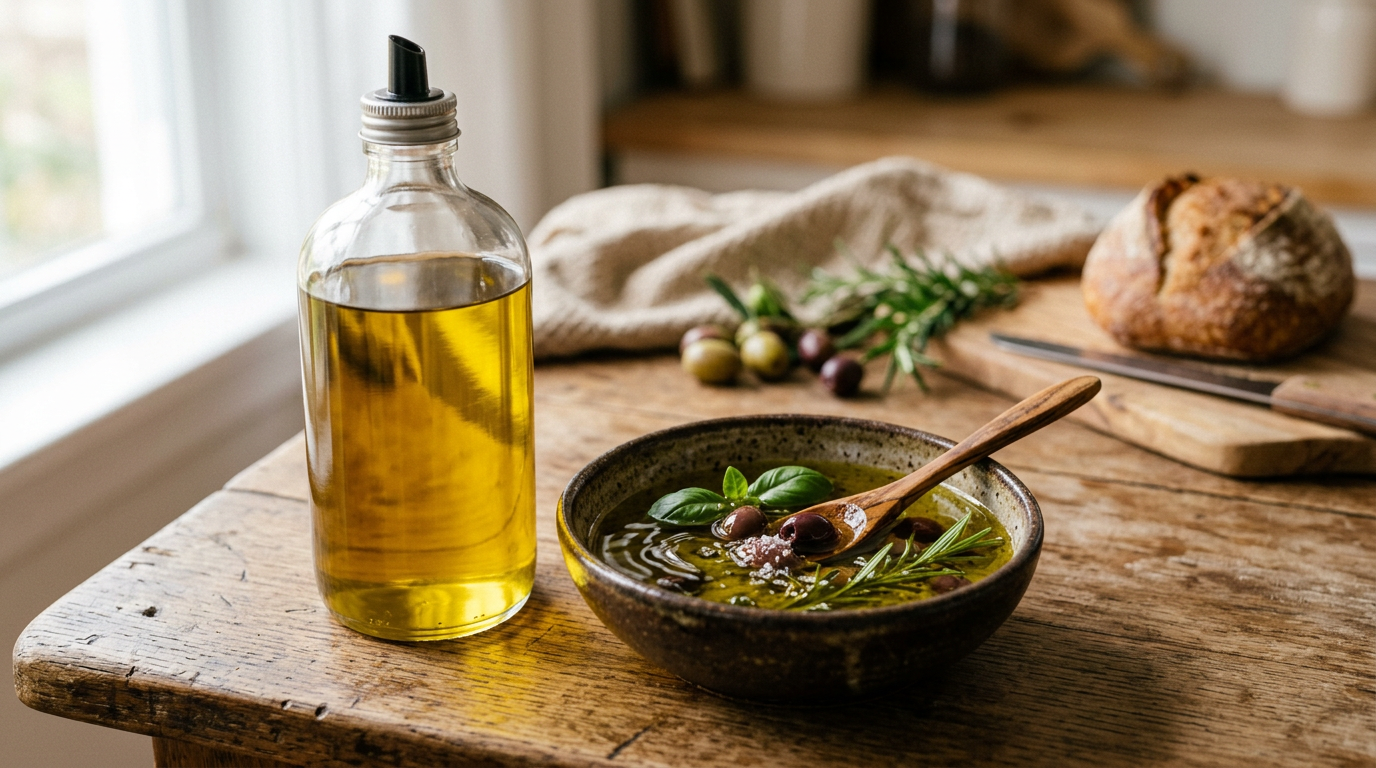 Bottle of olive oil, bowl with olive oil, herbs, olives, and rustic bread on wooden table