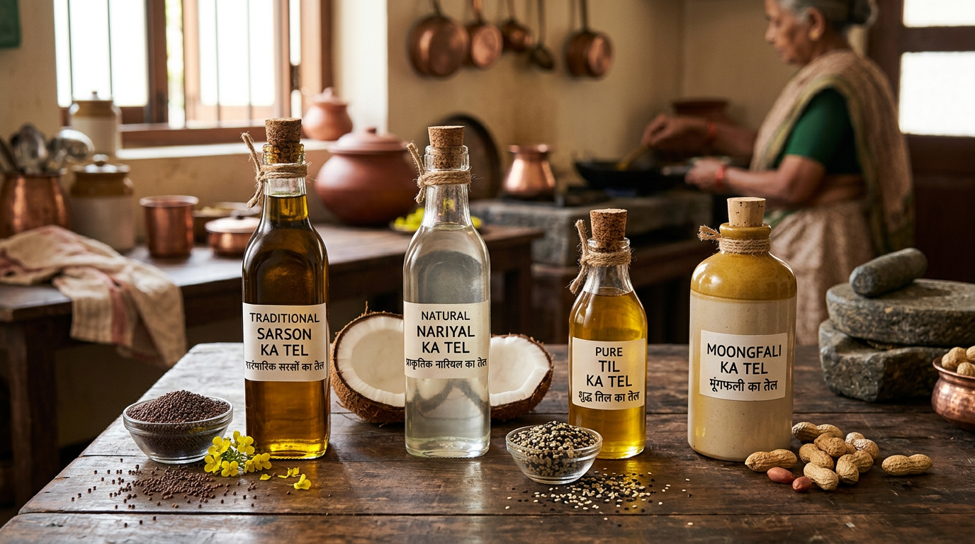 Bottles of sarson oil, coconut oil, sesame oil, and peanut oil with respective seeds and ingredients on a wooden table