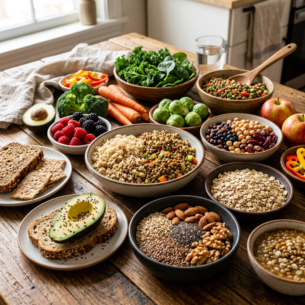 Various bowls and plates with whole grains, legumes, fresh fruits, vegetables, nuts, and avocado toast on a wooden table.