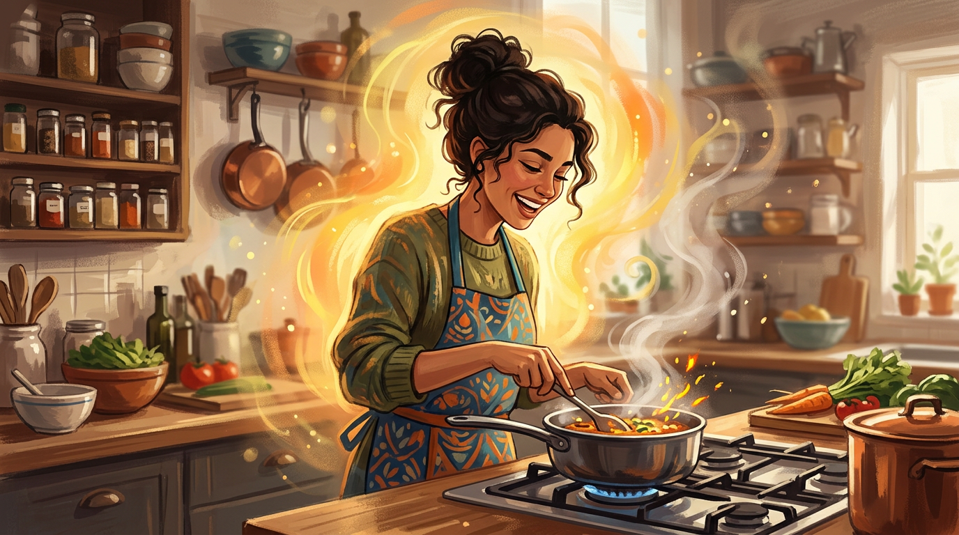 Woman stirring food in a pot on a stove in a cozy kitchen