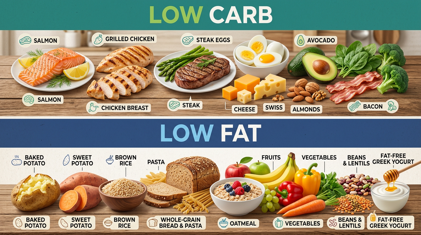 Low carb foods including salmon, grilled chicken, steak, eggs, cheese, avocado, almonds, bacon; low fat foods including baked potato, sweet potato, brown rice, whole-grain bread and pasta, fruits, vegetables, beans and lentils, fat-free Greek yogurt