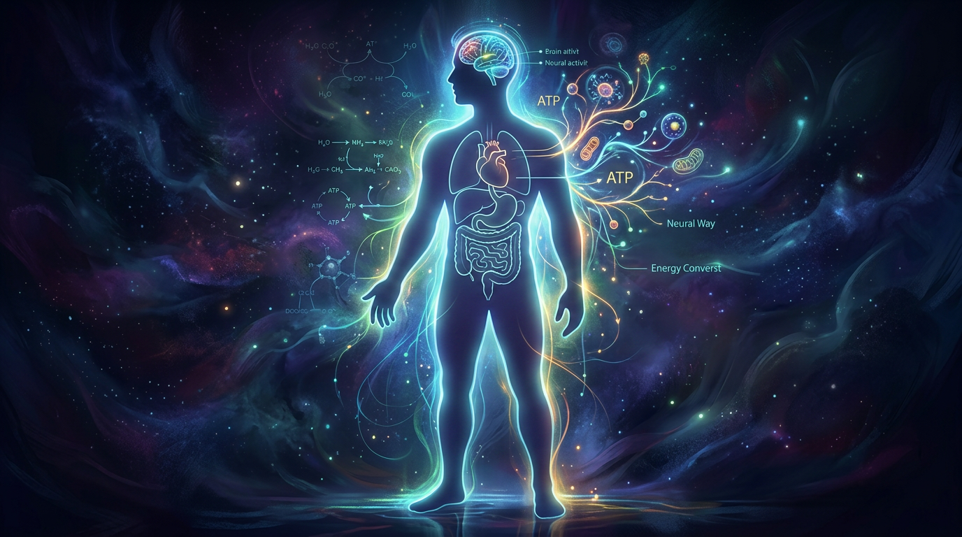Glowing human silhouette with highlighted organs and neural pathways illustrating energy and biochemical processes