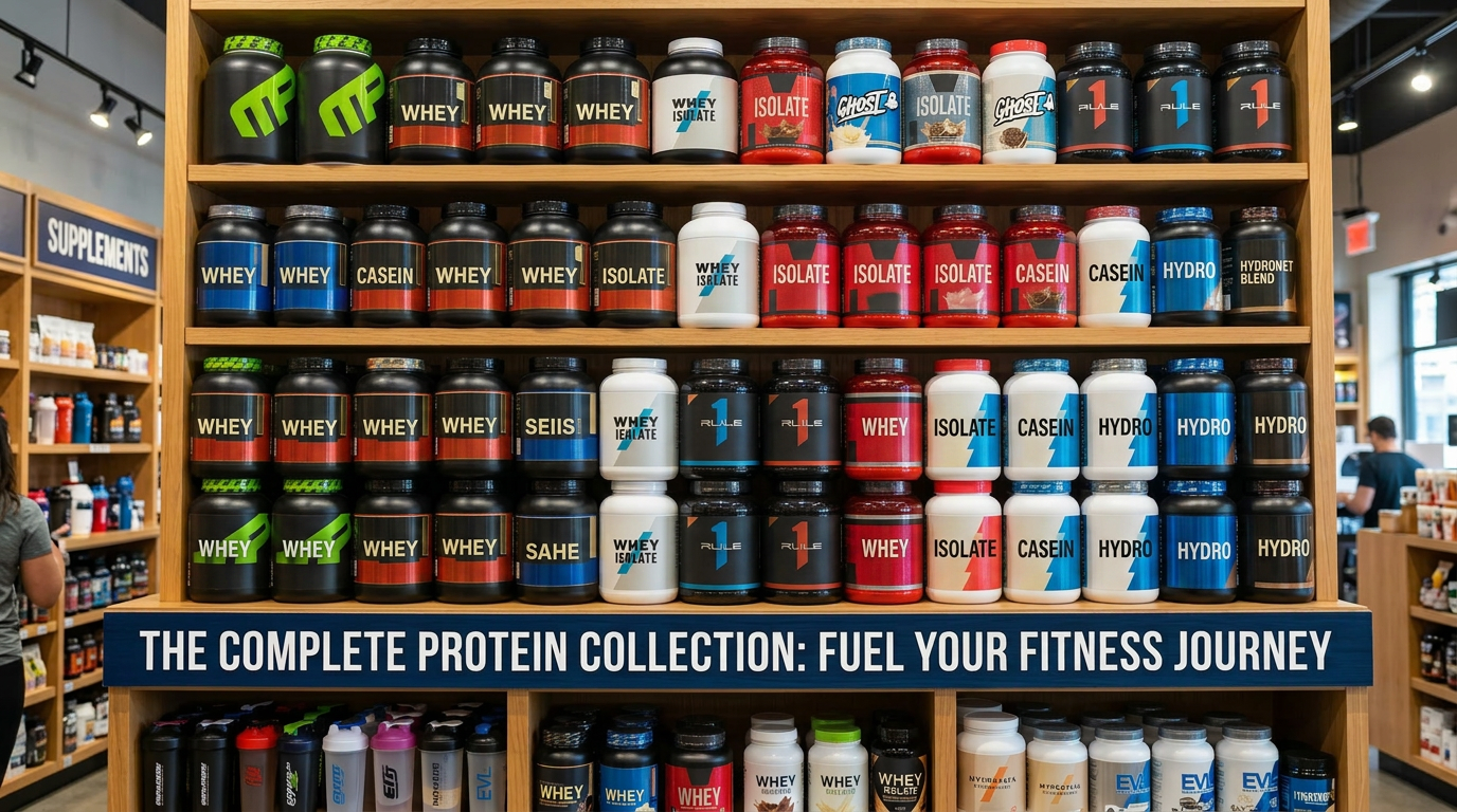 Shelves stocked with multiple brands and types of protein supplements in various colored containers